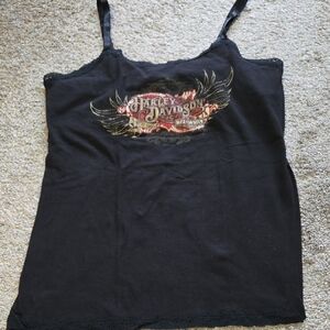 Harley-Davidson Black Lace-Trim Graphic Camisole with Gold and Red Accents